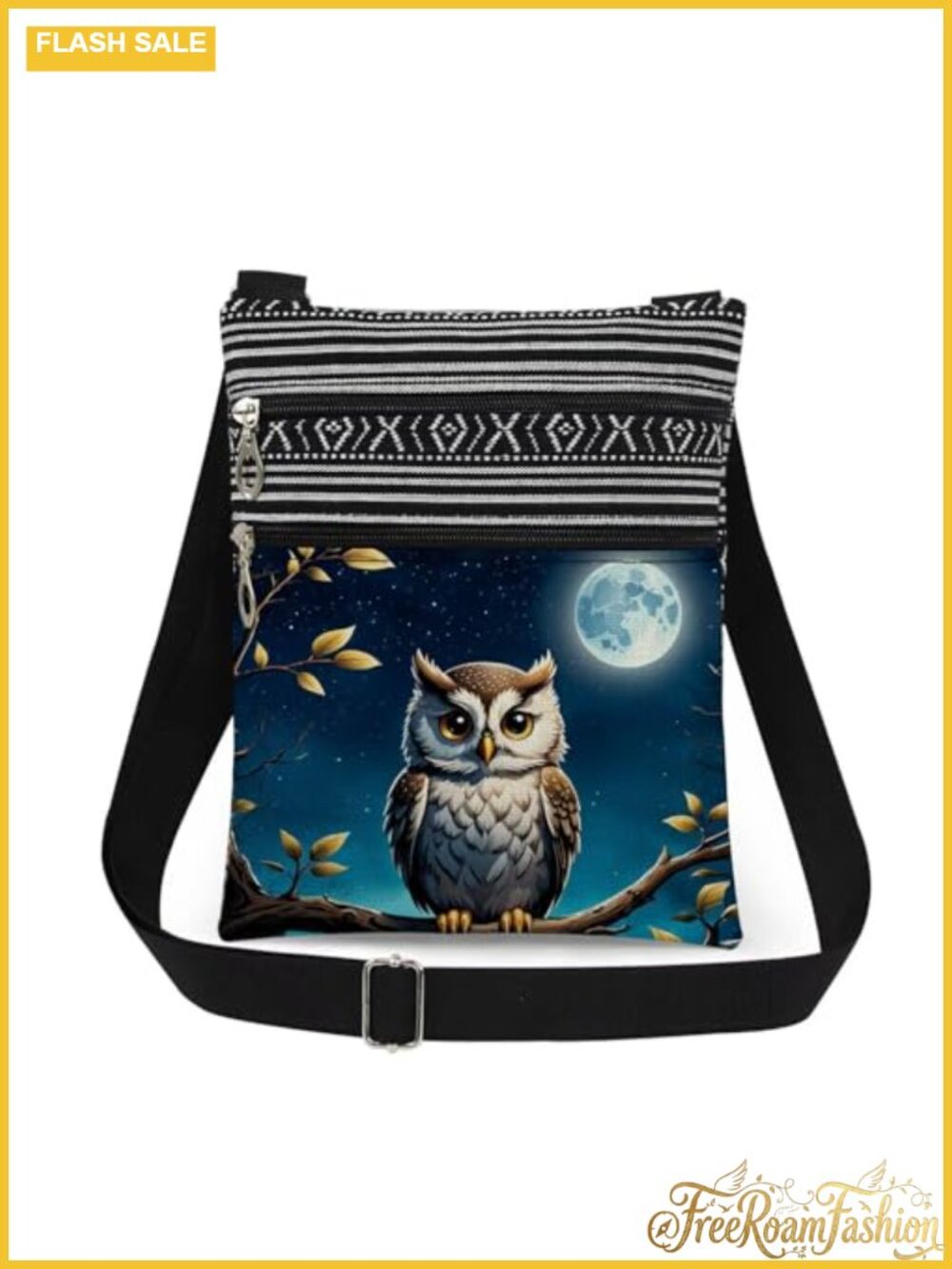 Owl Print Polyester Crossbody Bag Adjustable Strap Double Zipper